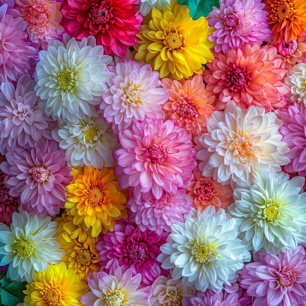 A vibrant array of multicolored flowers arranged beautifully on a floral backdrop photo