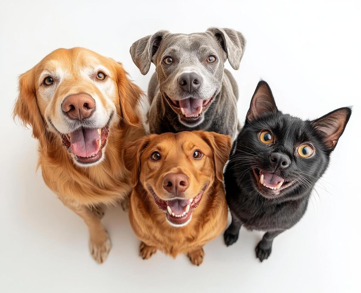 A joyful golden retriever, a calm gray lab, and a curious black cat pose together indoors photo