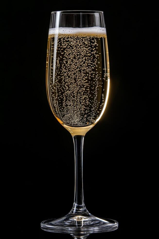 Two champagne flutes filled with bubbly drink on reflective surface with sparkling background photo