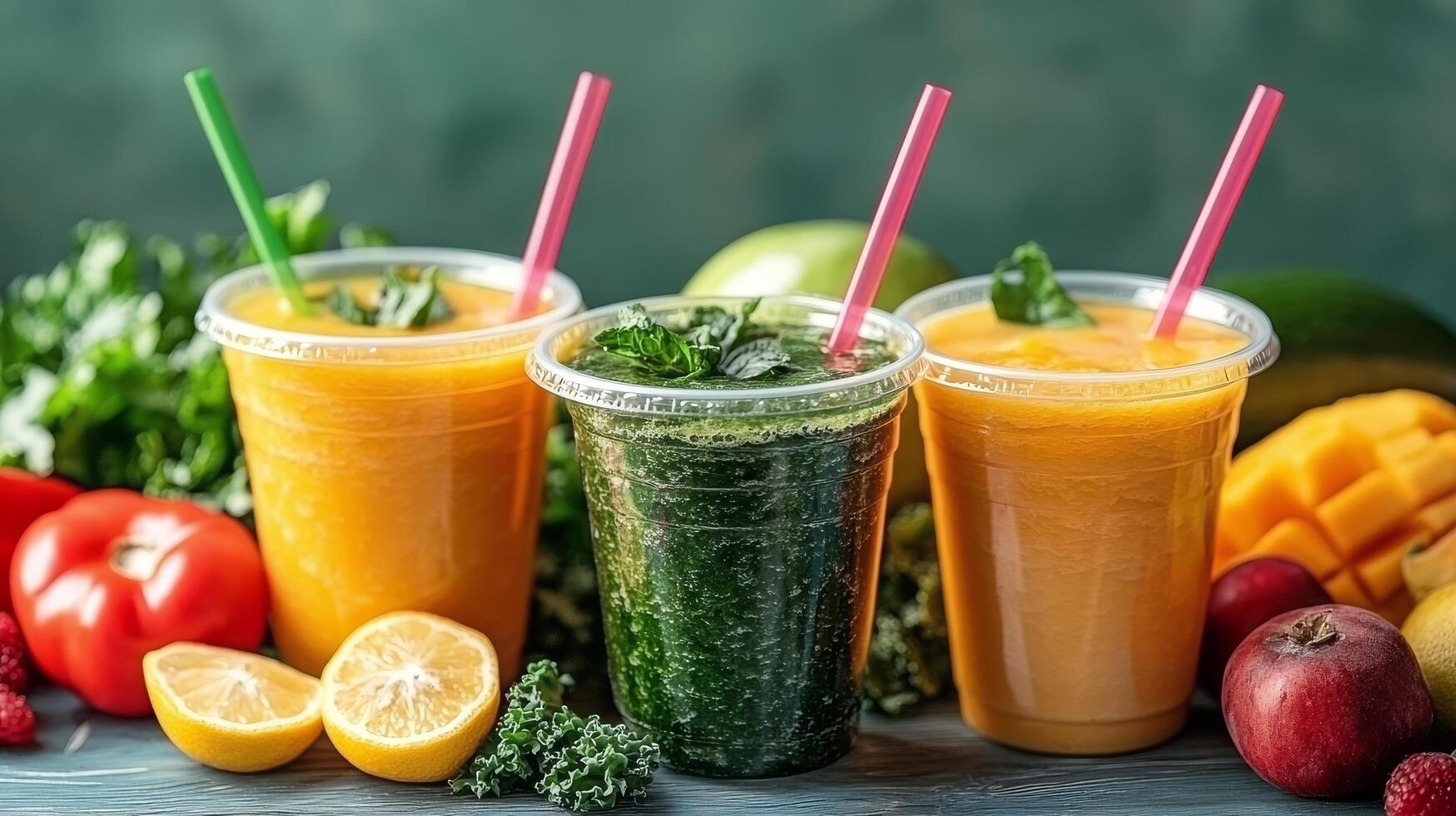Refreshing smoothies in colorful cups surrounded by fresh fruits and vegetables on a green backdrop photo
