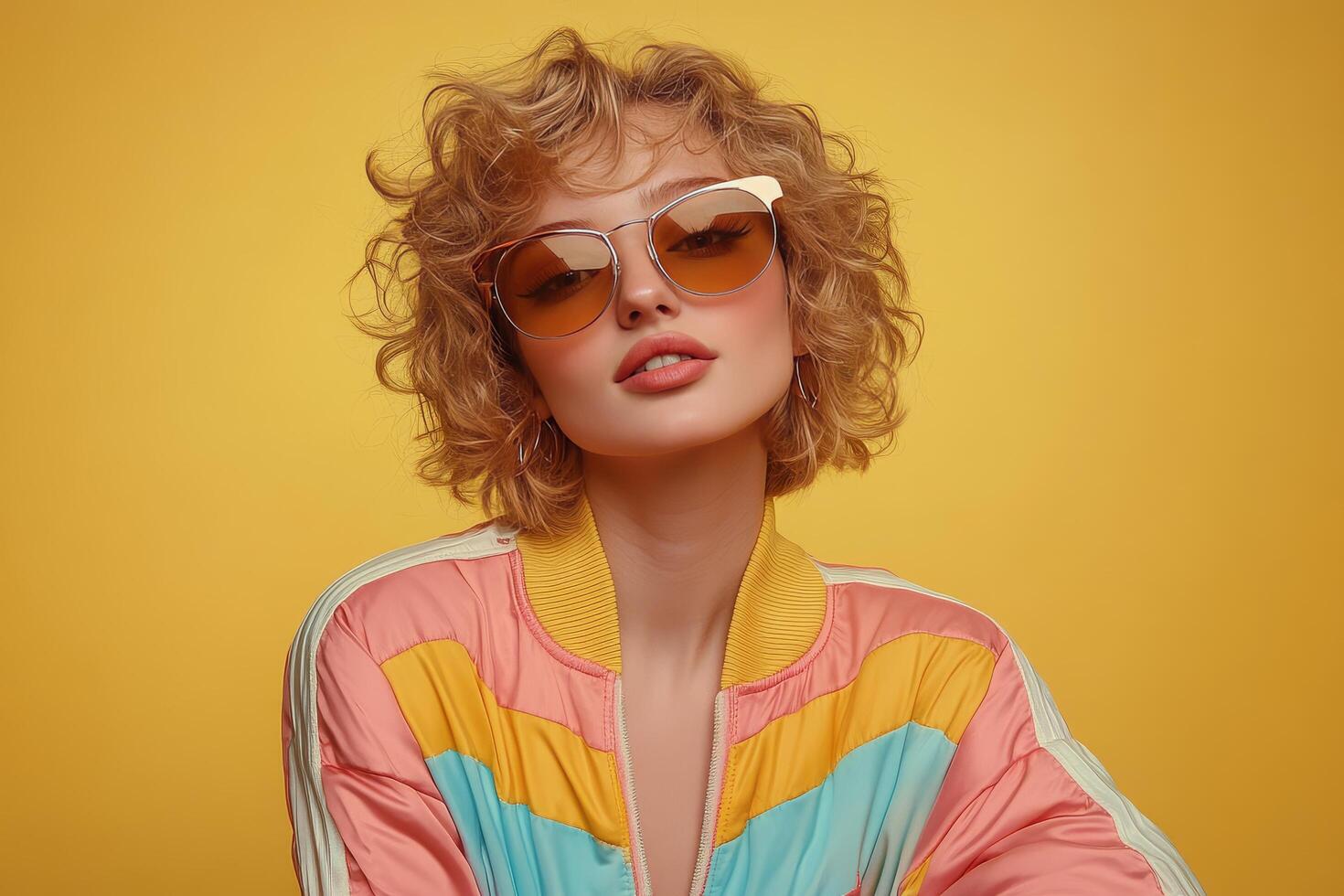 A fashionable young woman with curly blonde hair showcases her chic style while wearing sunglasses photo