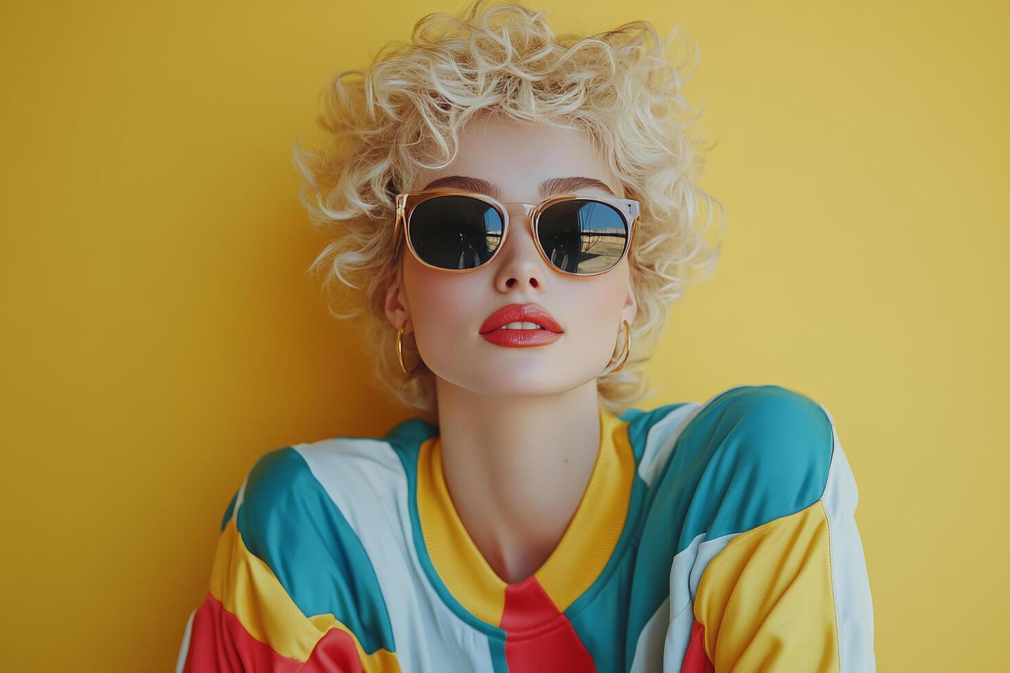 A fashionable young woman with curly blonde hair showcases her chic style while wearing sunglasses photo