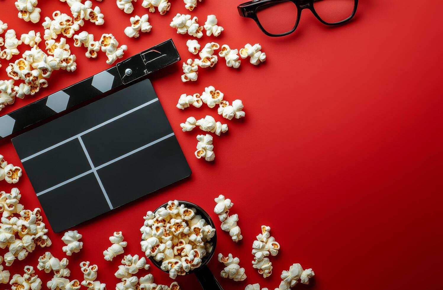 Enjoying a movie night at home with popcorn, glasses, and a clapperboard on a vibrant red table photo