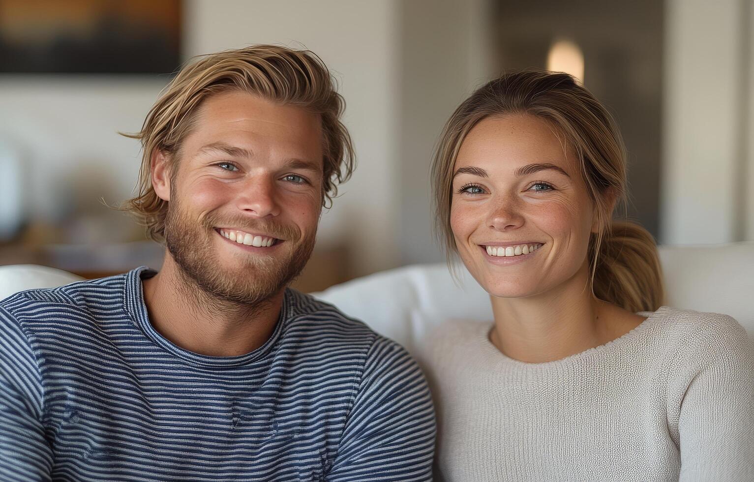 A couple sharing a joyful moment indoors, enjoying each others company in a cozy setting photo