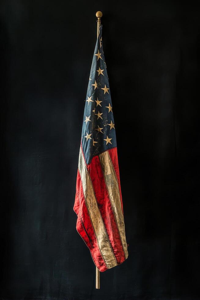 Worn American flag displayed artistically against a dark background in a serene setting photo