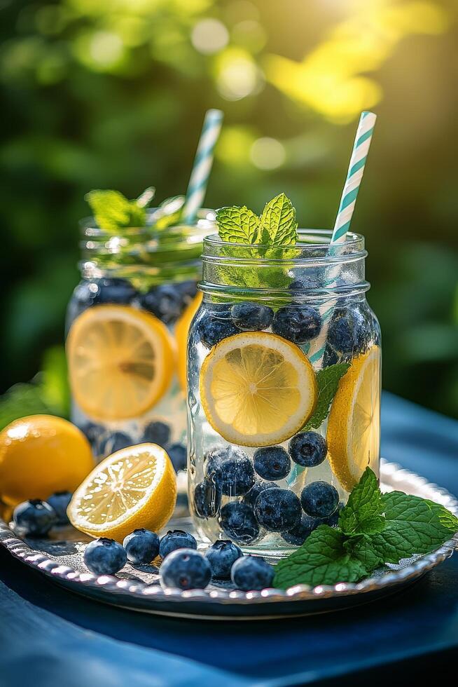 Refreshing blueberry lemonade served in mason jars with fresh mint outside on a sunny day photo