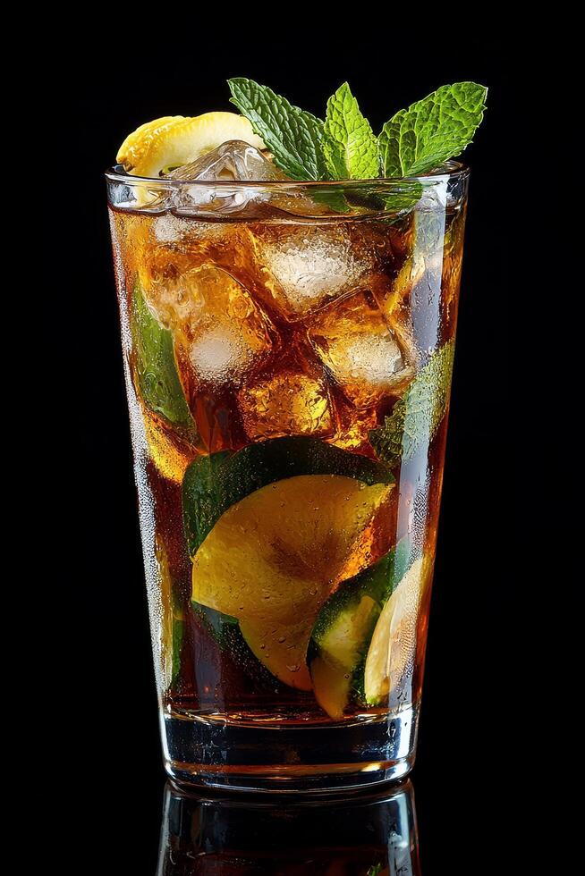 Vibrant fruits and mint in a refreshing summer drink, served in a clear glass photo