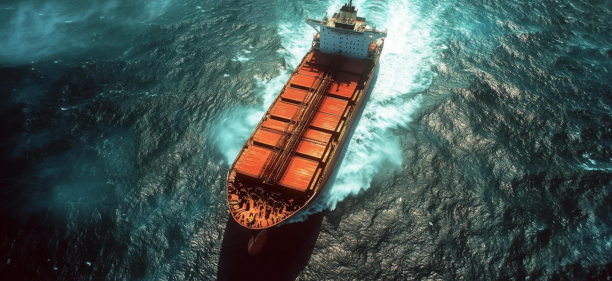 Aerial view of a large cargo ship navigating through ocean waves during daylight hours photo