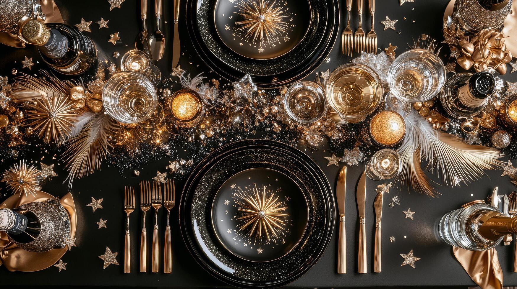 Elegant black and gold holiday table setting with decorative elements and twinkling lights photo
