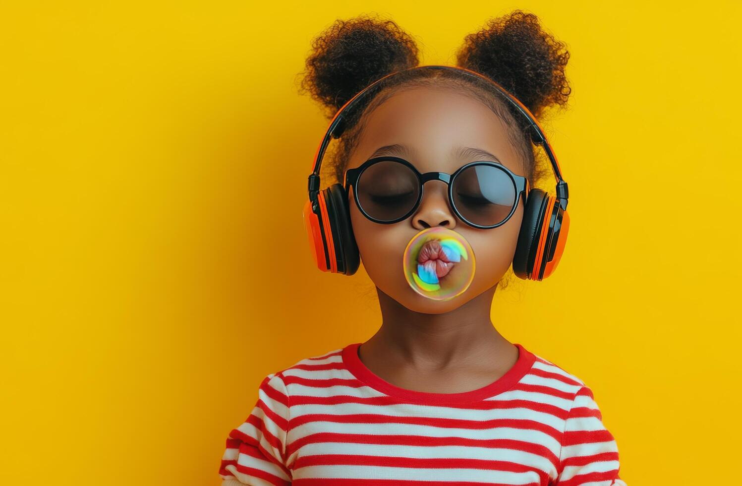 A girl stands confidently with headphones on, wearing oversized sunglasses photo