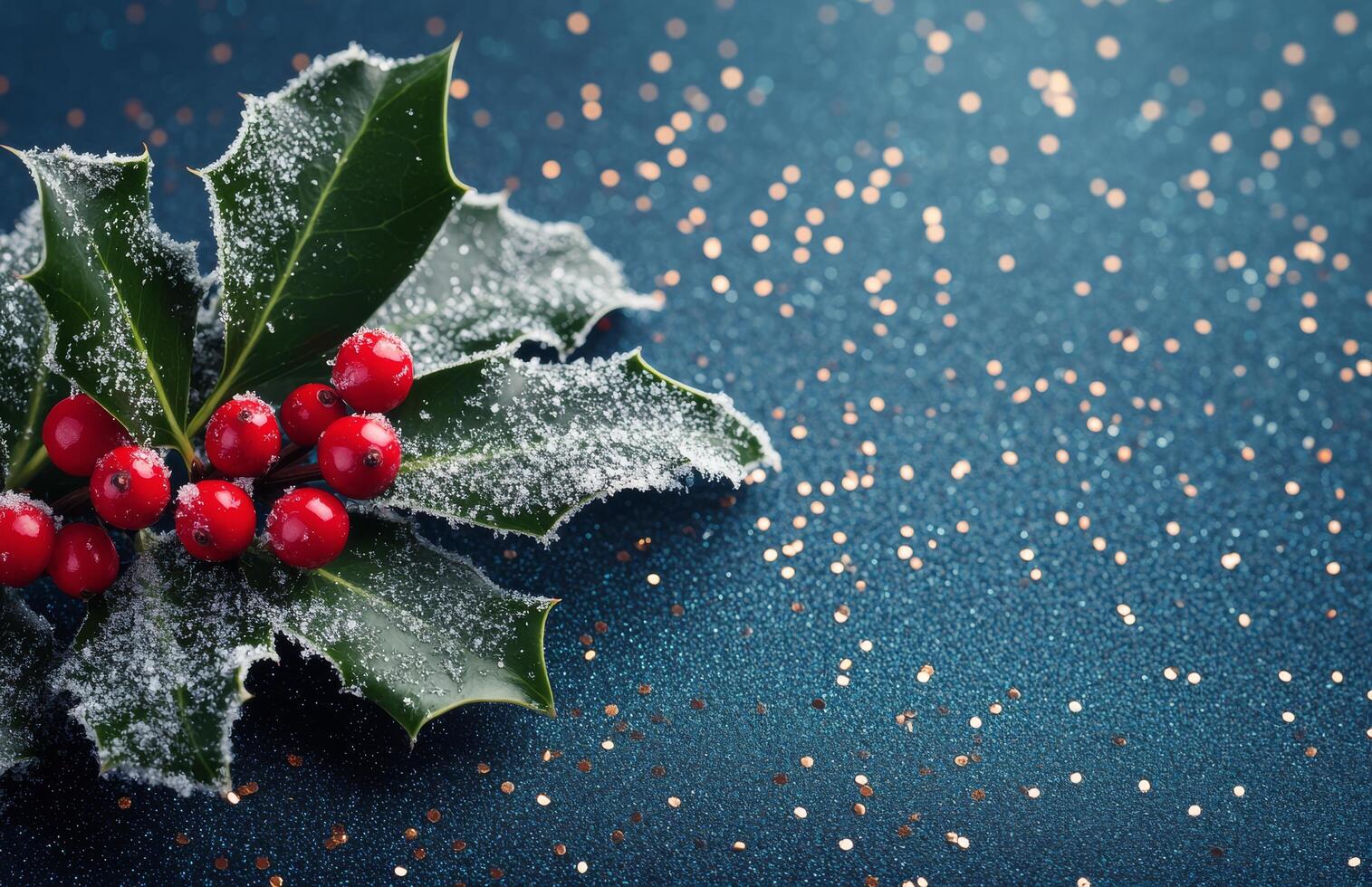 Frosted holly leaves with red berries placed on a shimmering blue background during winter photo