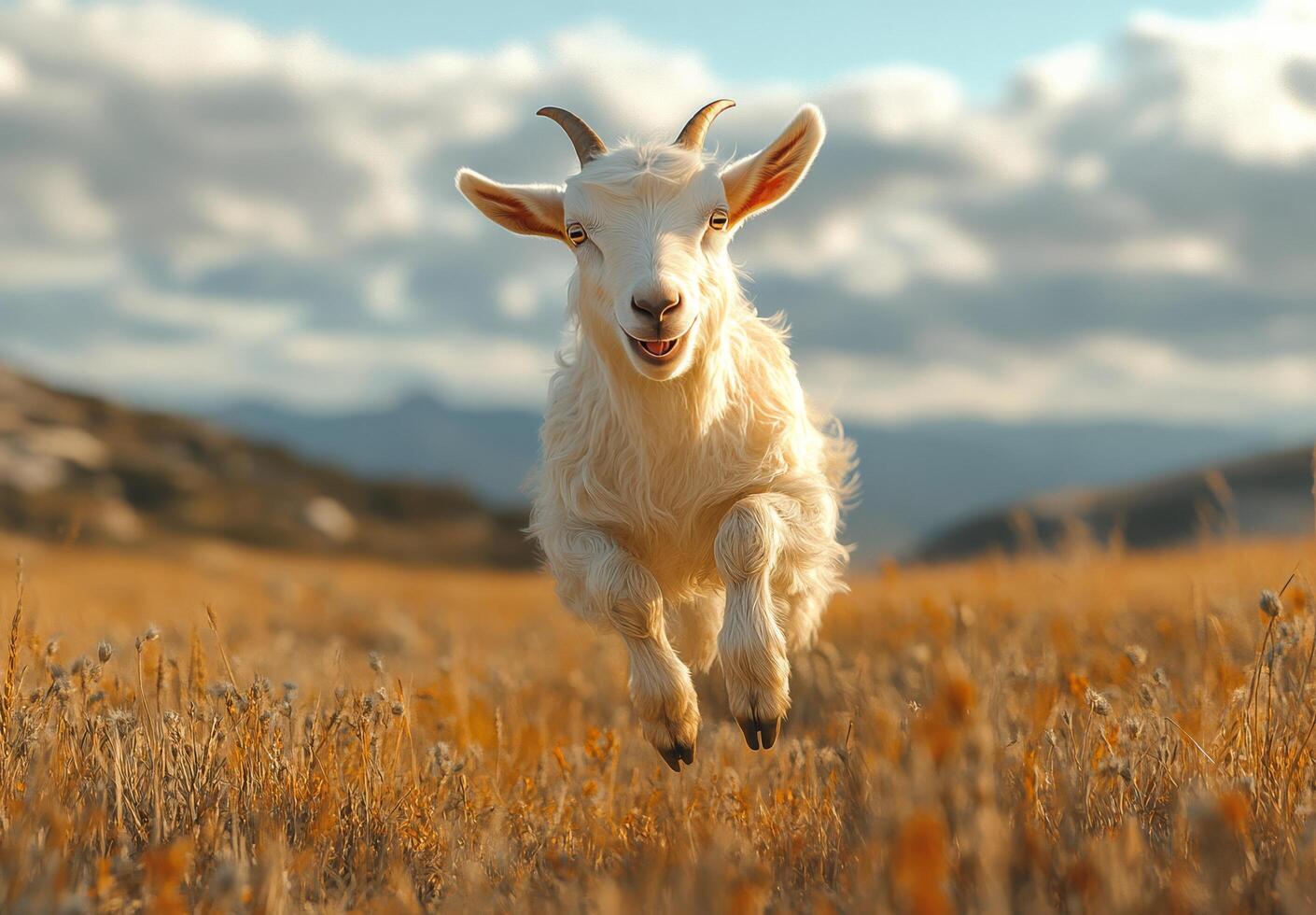 A lively lamb joyfully running across a golden field under an overcast sky photo