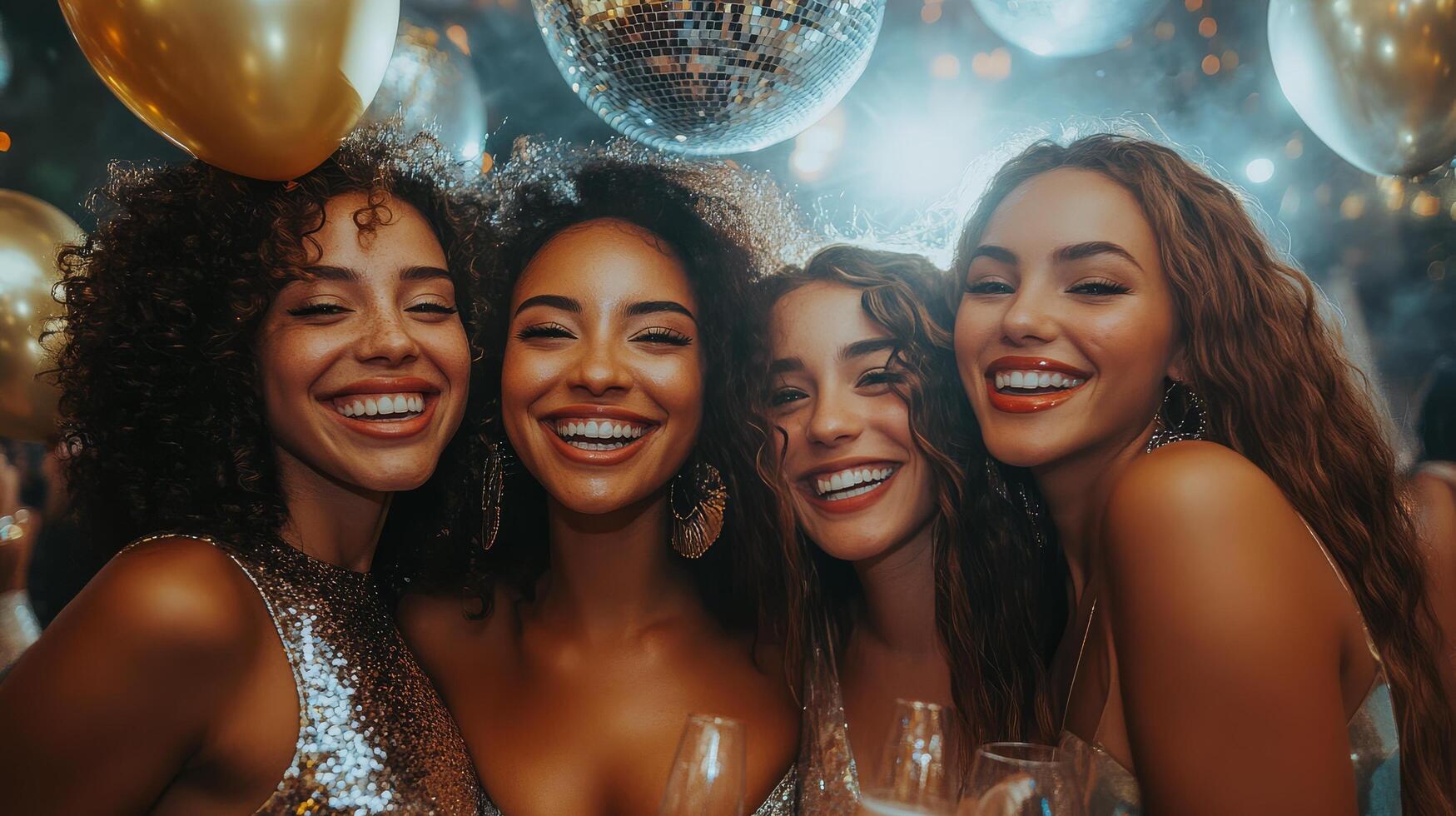 Four friends celebrating at a glamorous party with disco balls and golden balloons at night photo
