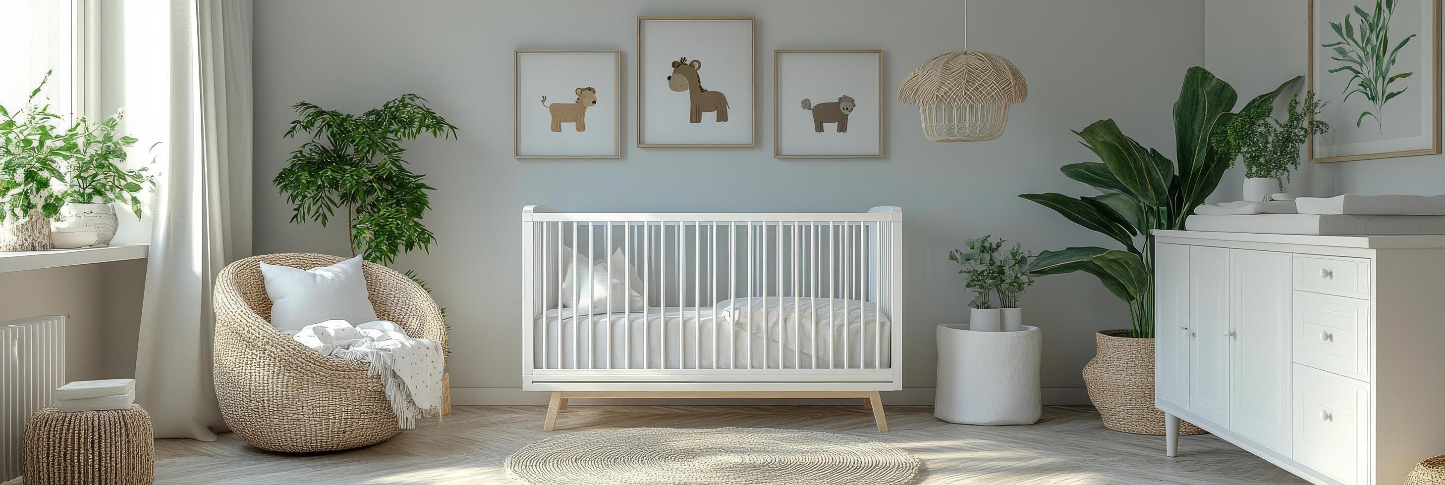 Cozy and modern nursery design featuring a crib, soft colors, and animal artwork in a serene space photo