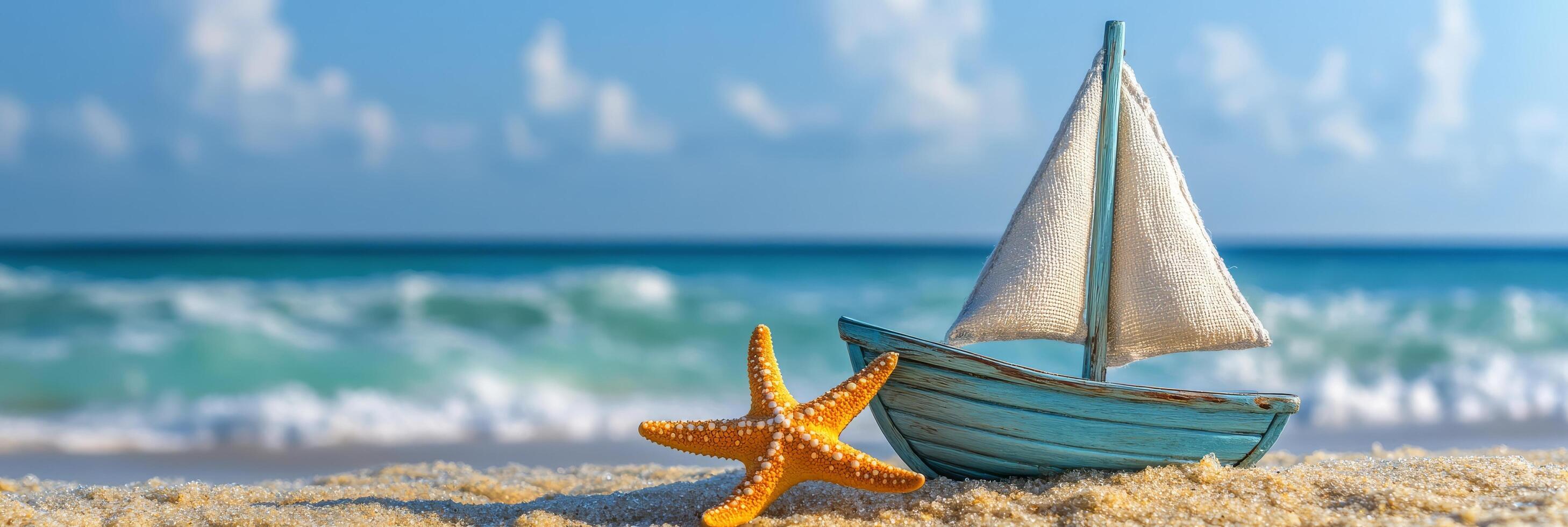 A miniature sailboat and starfish resting on the sandy beach with ocean waves in the background photo