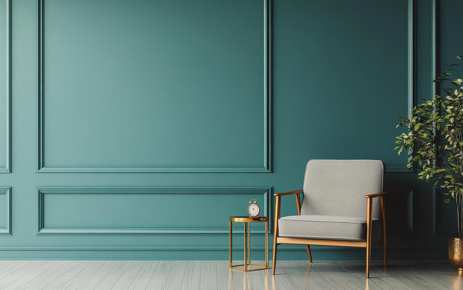 A cozy corner featuring a stylish chair and a side table in a teal colored room with greenery photo