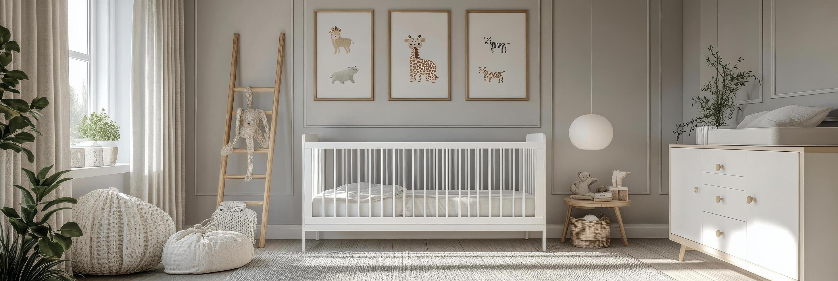 Cozy and modern nursery design featuring a crib, soft colors, and animal artwork in a serene space photo
