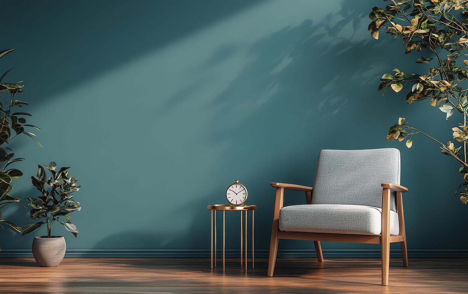 A cozy corner featuring a stylish chair and a side table in a teal colored room with greenery photo