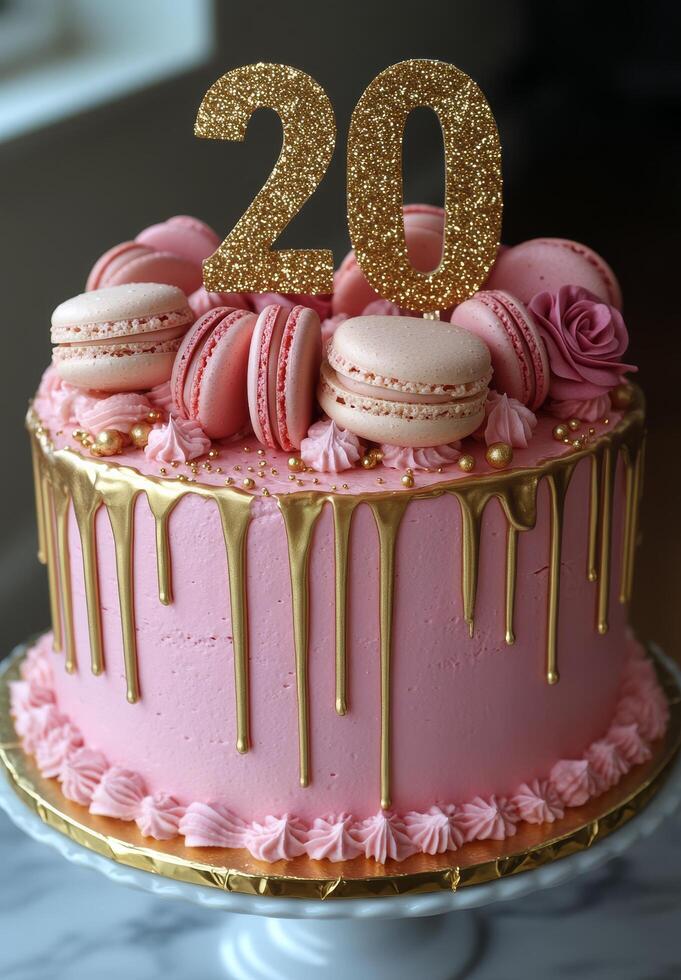 Celebration cake with pink frosting and macarons, featuring a sparkling 20th birthday topper photo