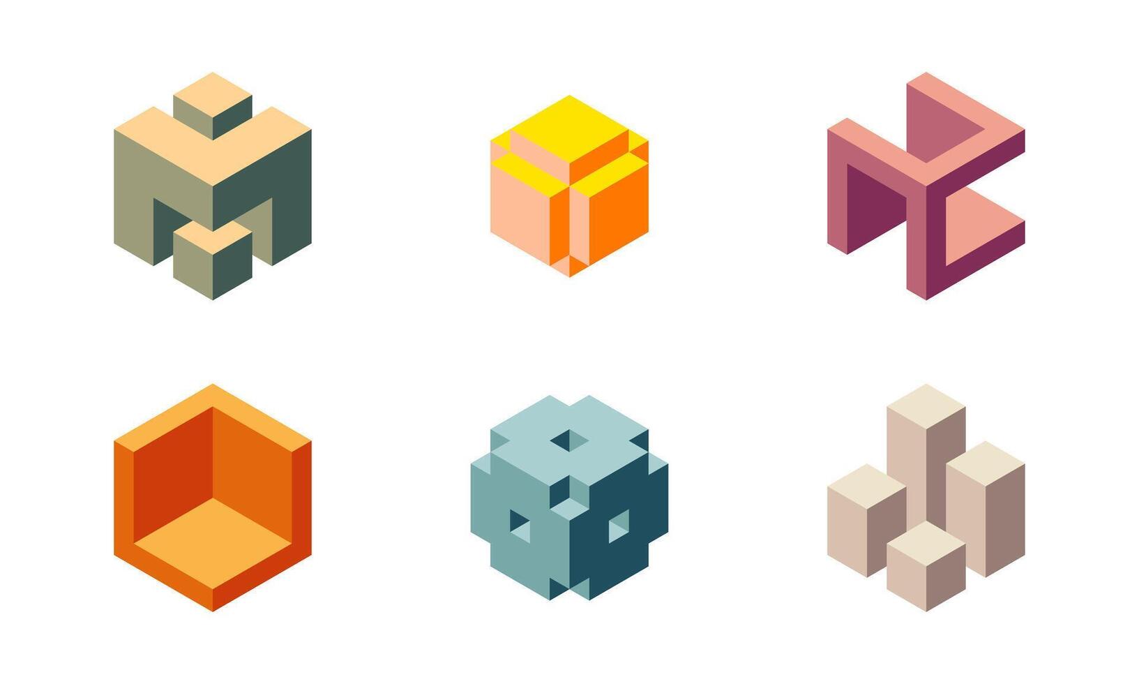 Cube logo, geometric design. Set box logotype company, trendy techno emblem in isometric 3D style. vector