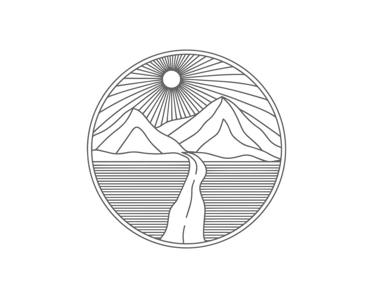 Nature and travel line art boho outdoor badge or emblem. Round bohemian logo design. Modern symbol in trendy minimalist lineart style. Perfect for apparel prints or posters. vector