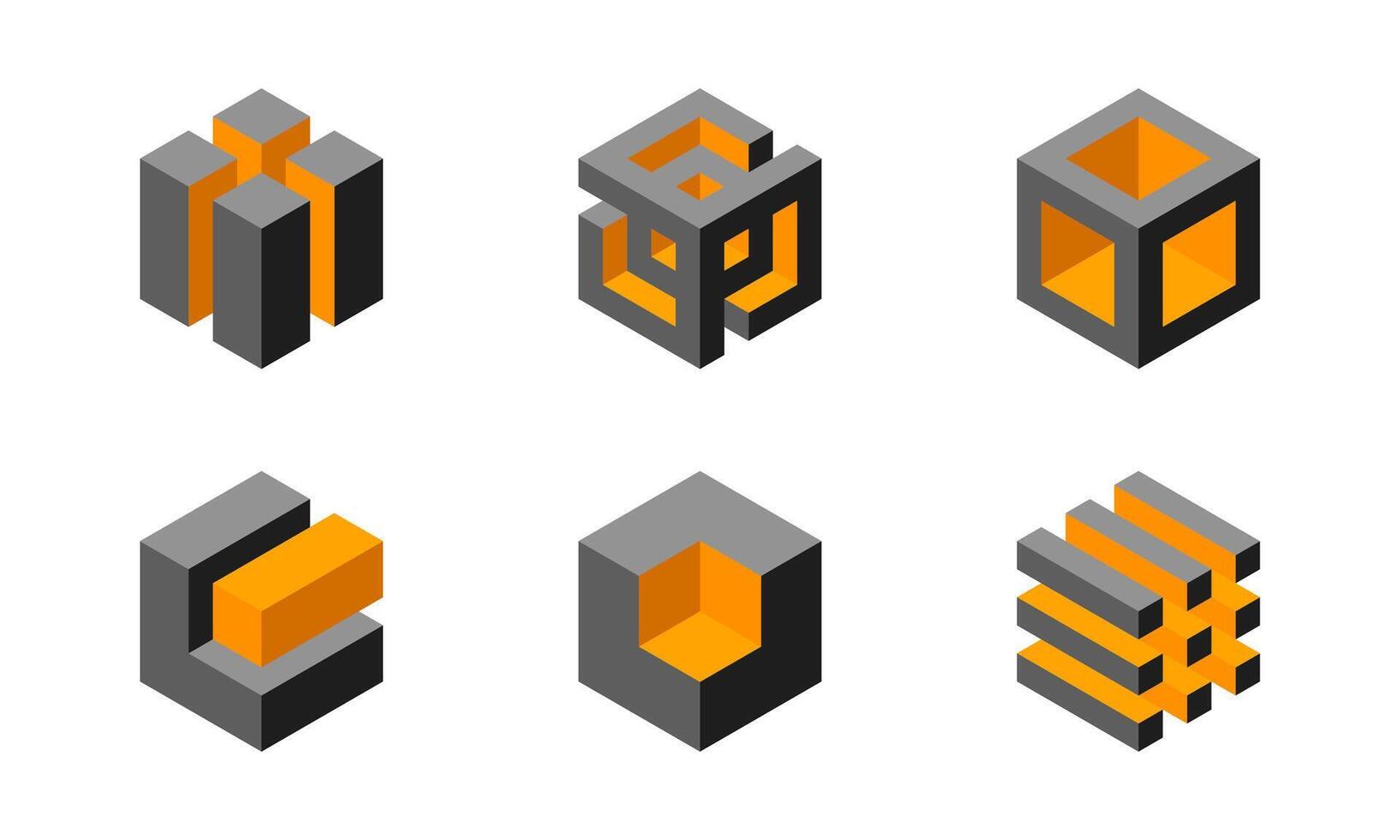 Cube logo, geometric design. Box logotype company, trendy tech emblem in pixel style. vector