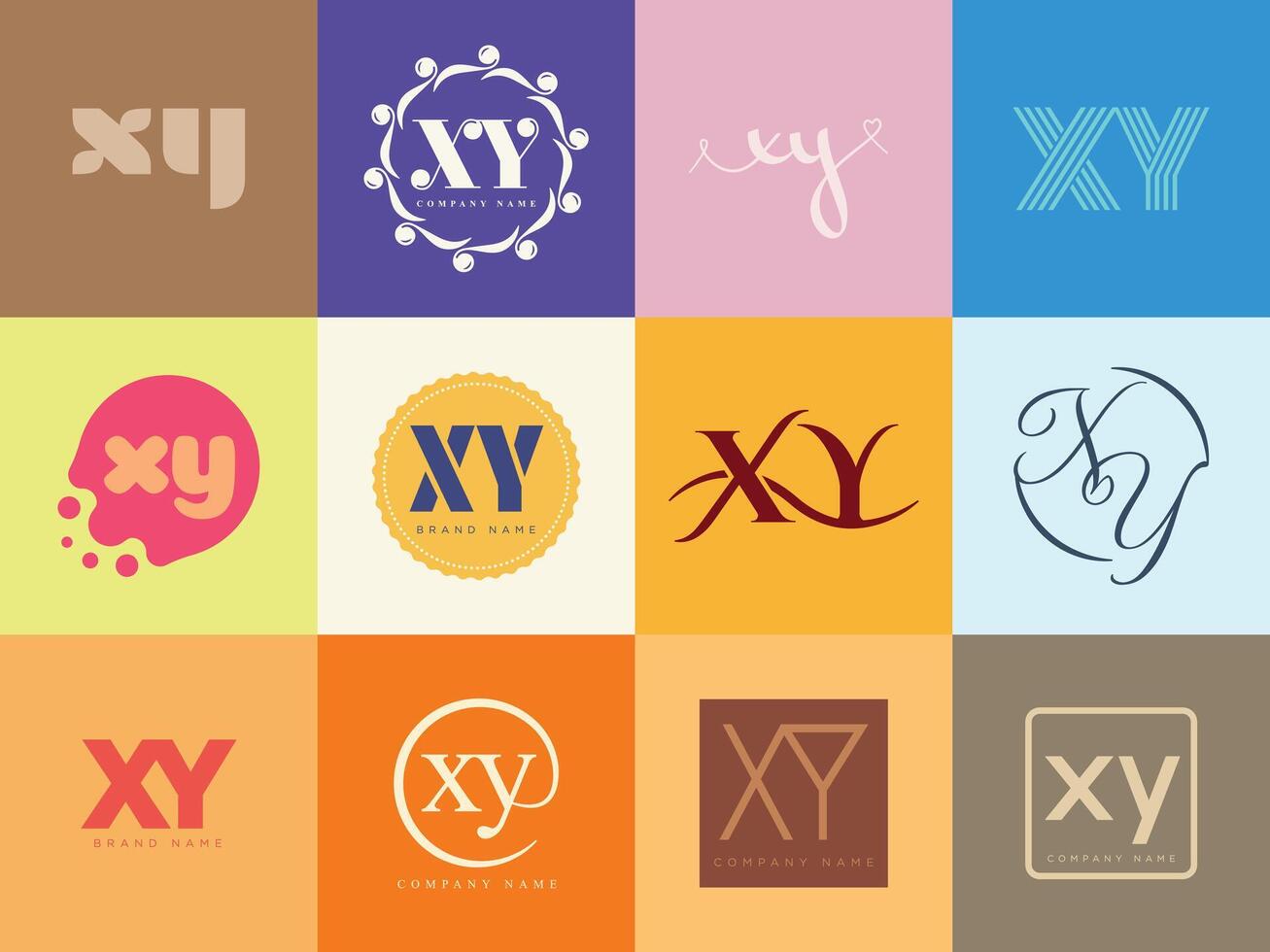 XY logo company template. Letter x and y logotype. Set different classic serif lettering and modern bold text with design elements. Initial font typography. vector