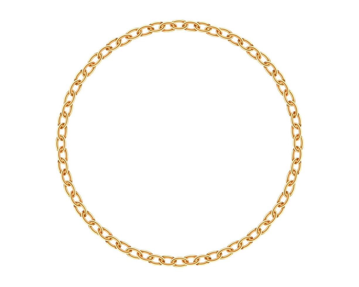 Realistic gold circle frame chain texture. Golden round chains link isolated on white background. Jewelry chainlet three dimensional design element. vector