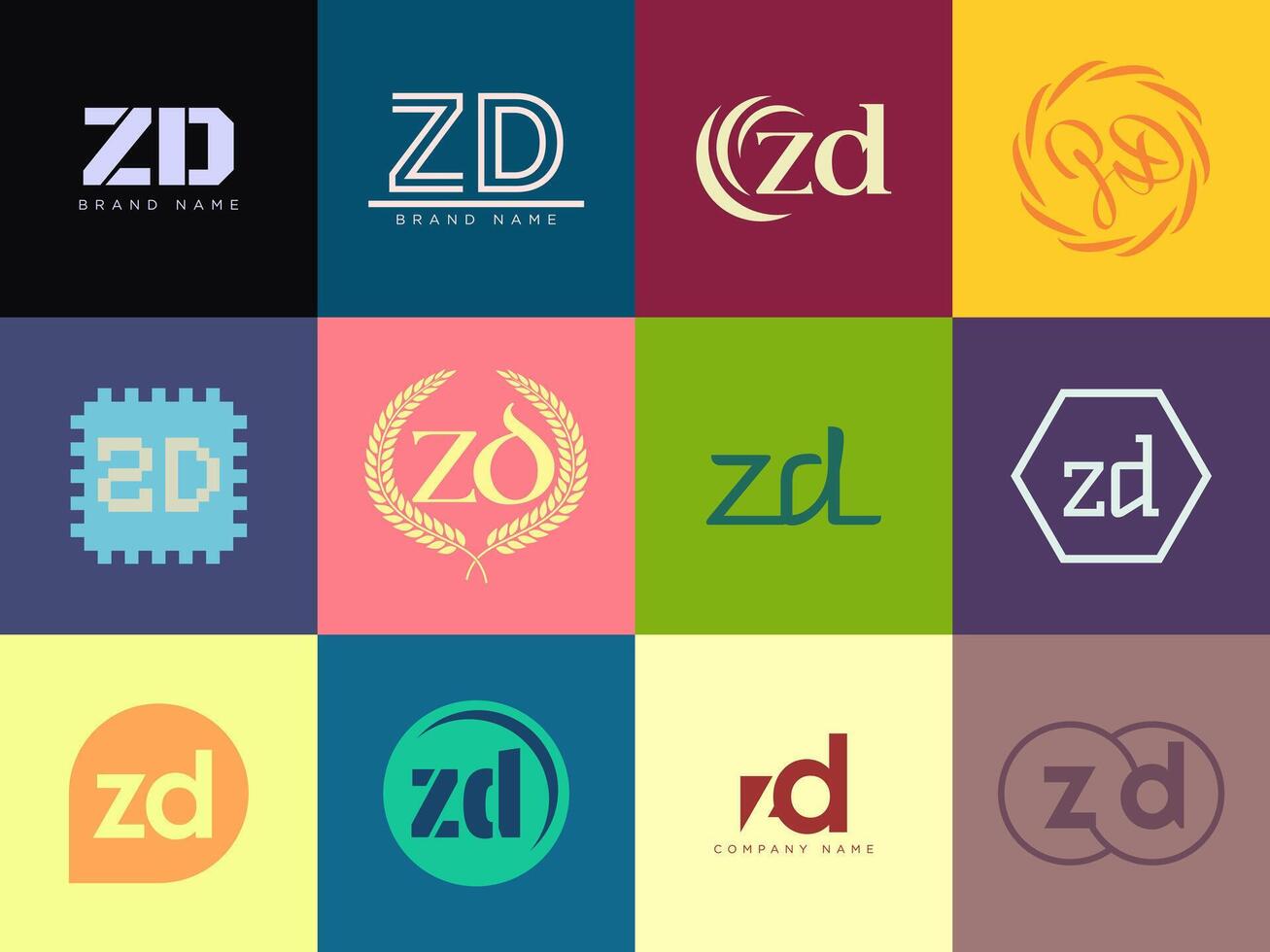 ZD logo company template. Letter z and d logotype. Set different classic serif lettering and modern bold text with design elements. Initial font typography. vector