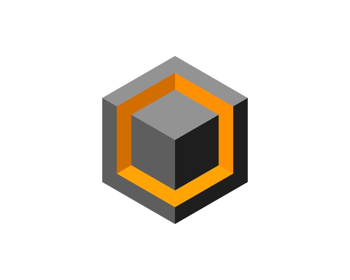 Cube logo, geometric design. Box logotype company, trendy tech emblem in pixel style. vector