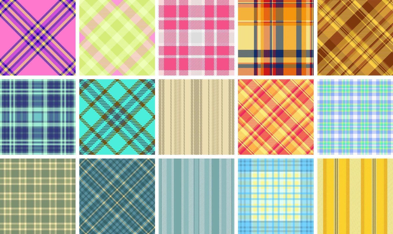 Classic plaid fabric patterns with stripes and checks, perfect for textile prints, clothing materials, or stylish decor. vector
