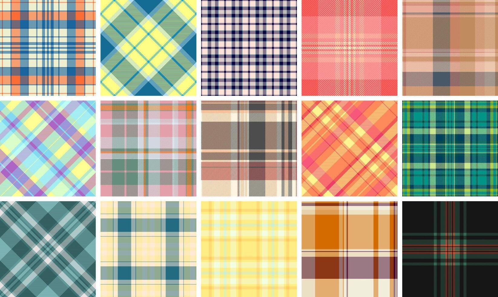 Vibrant plaid patterns with checks and stripes, perfect for trendy textile prints, wallpaper, or fashionable shirt designs. vector