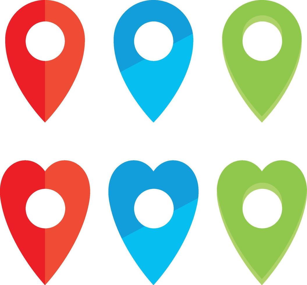 Illustration of red, blue and green map pin icons and heart shaped location pin in few variations vector