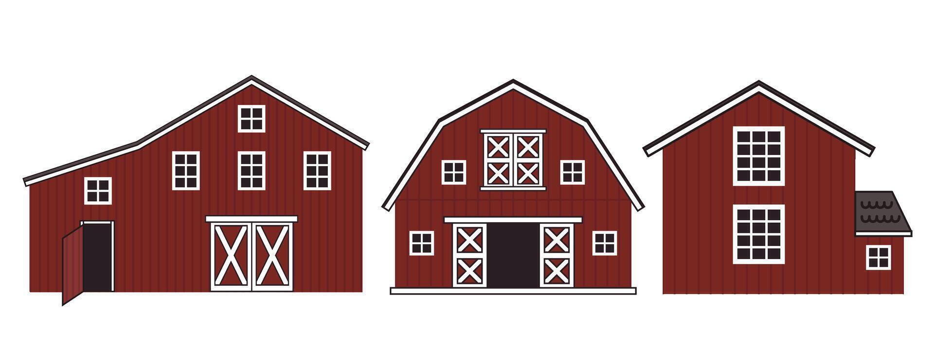 Set of red wooden barns with windows, doors. Isolated line flat cartoon houses icons on the white background vector
