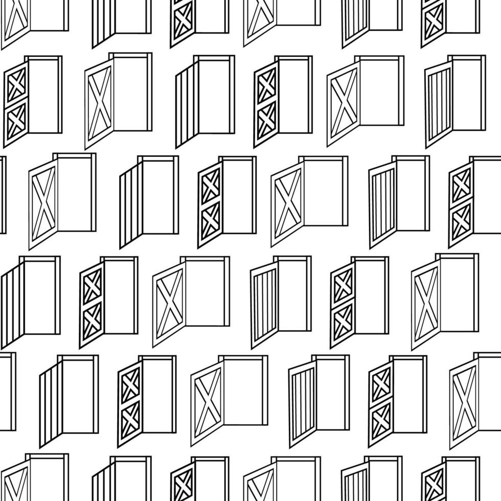 Seamless pattern of opened doors. Black white outline texture of wooden houses doors on white background vector
