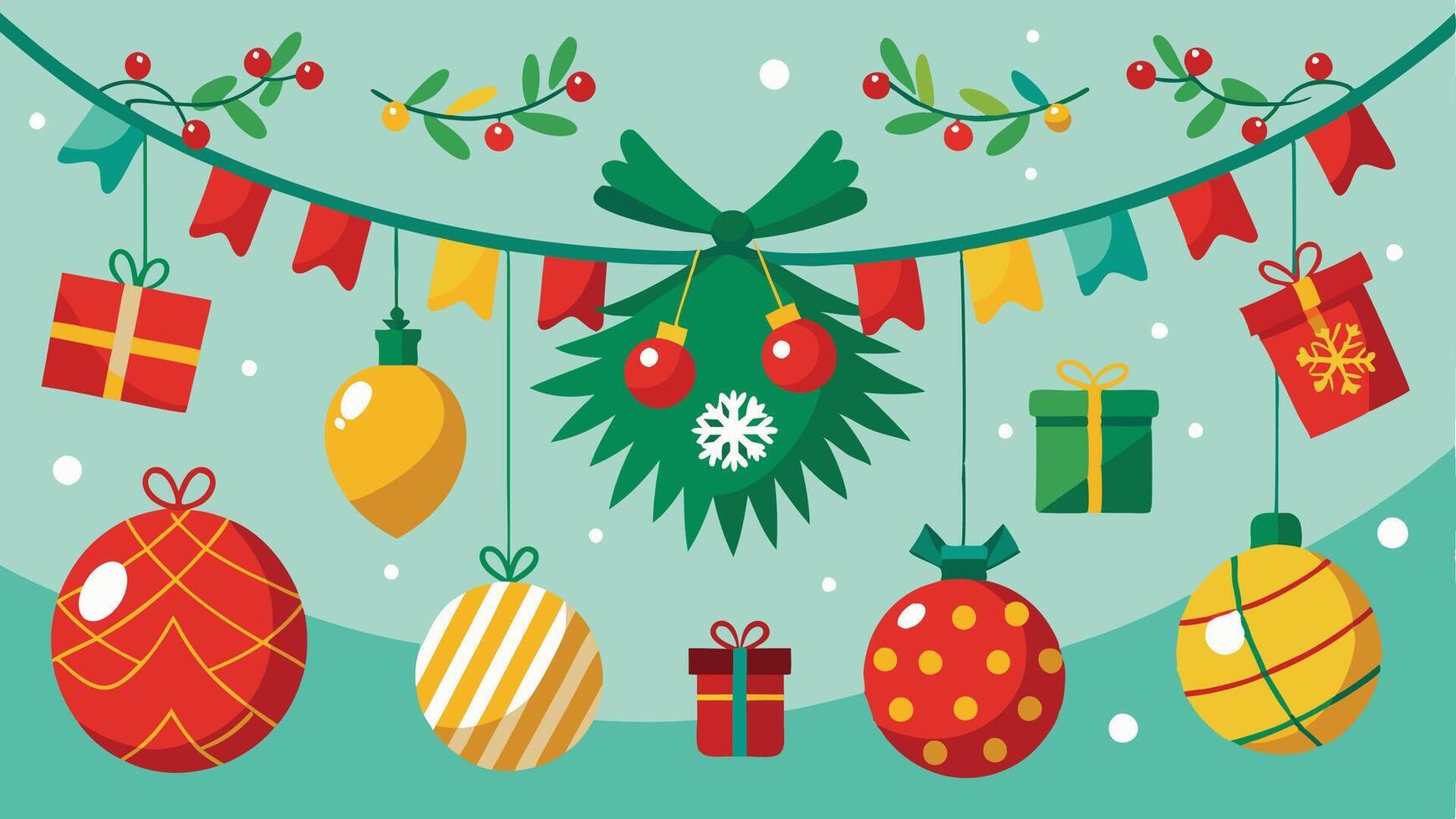 Cheerful holiday decorations featuring colorful ornaments, presents, and garlands, set against a light green backdrop to celebrate the festive season vector