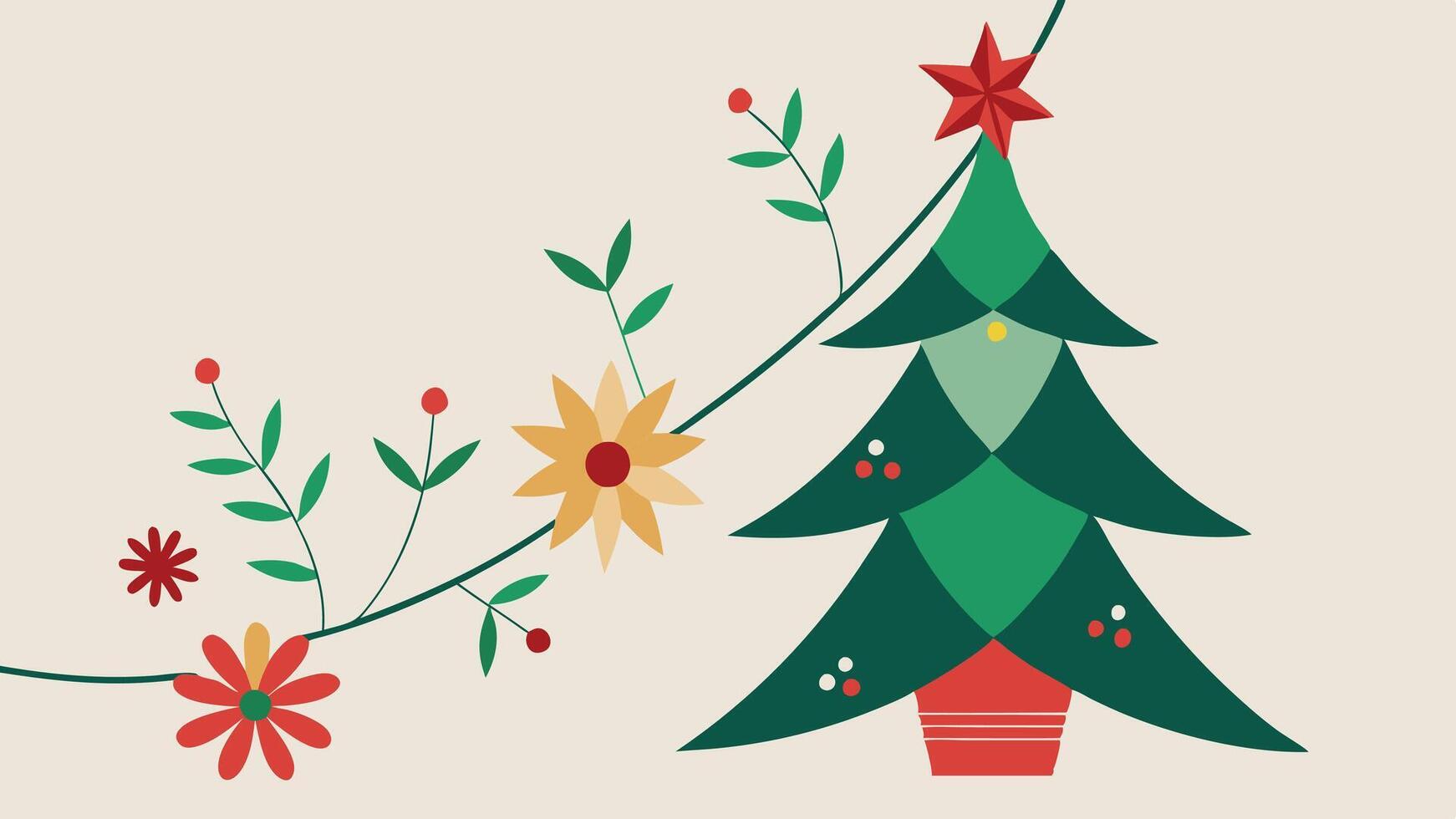 A colorful illustration of a decorated Christmas tree with vibrant flowers and a star on top, set against a soft background, ideal for holiday-themed designs and decorations vector