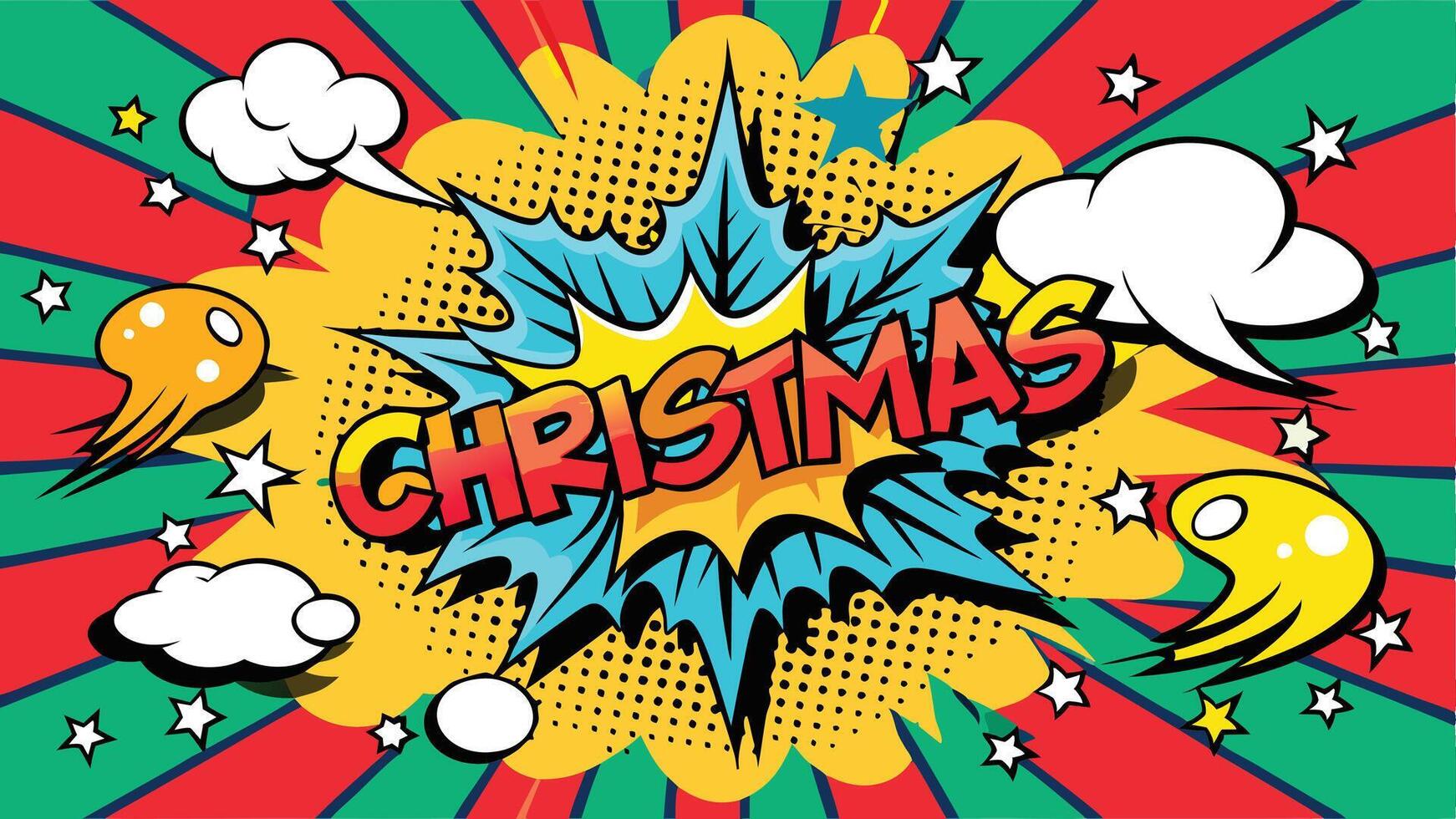 Colorful comic-style illustration featuring the word Christmas amidst vibrant colors, dynamic lines, and playful clouds, creating a festive atmosphere perfect for holiday celebrations vector