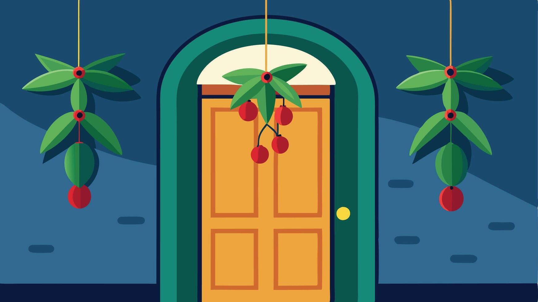 A colorful doorway adorned with hanging mistletoe and bright red berries in a cozy interior during the holiday season vector