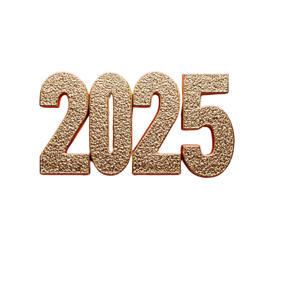 A striking long shot of the golden number 2025 set against isolated on a transparent background png