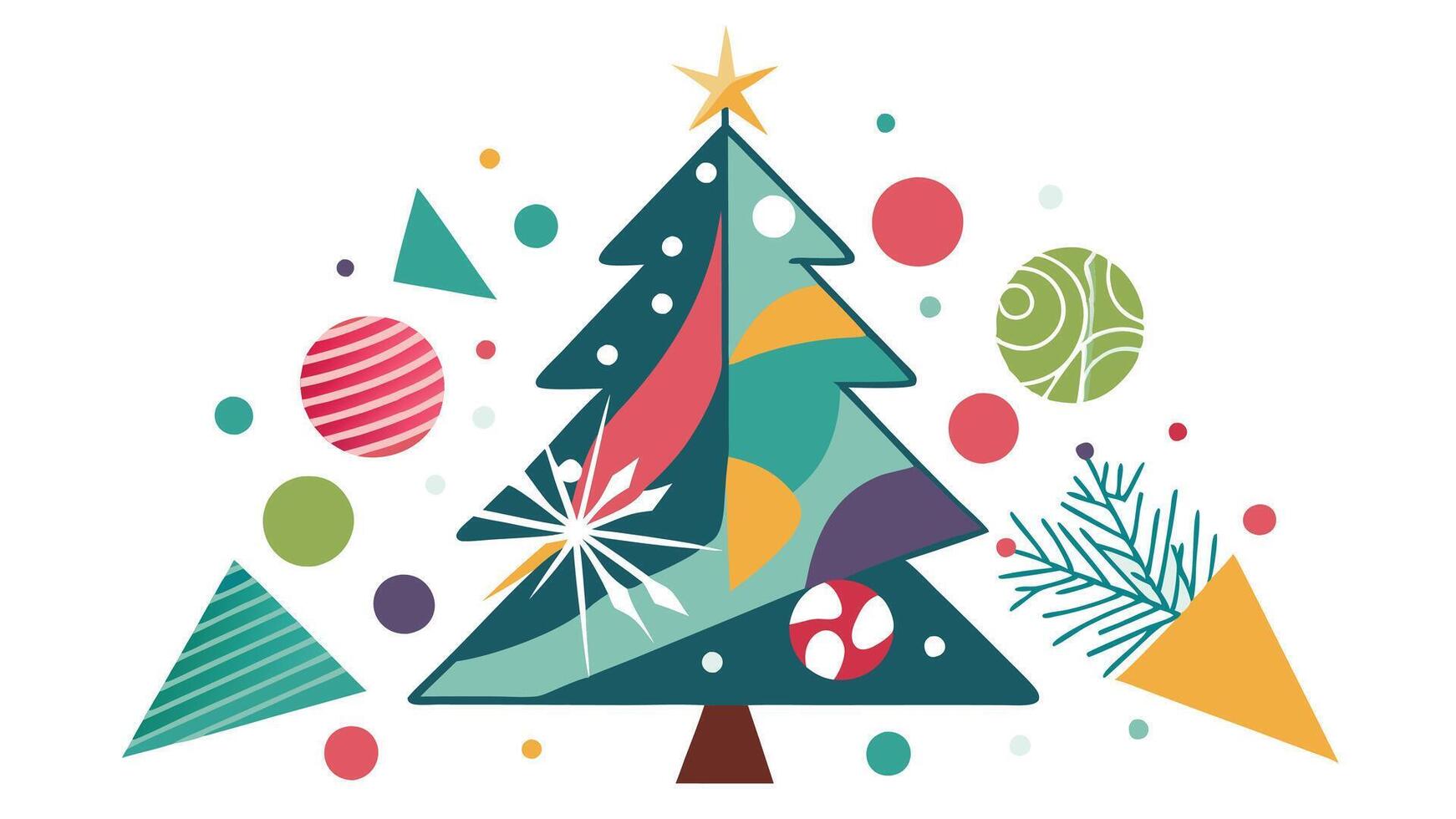 A colorful, artistic depiction of a Christmas tree surrounded by playful geometric shapes, festive ornaments, and cheerful decorations, reflecting the holiday spirit and joy of the season vector