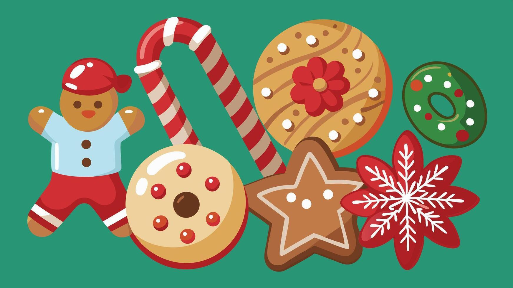 Colorful collection of festive holiday cookies and treats arranged in a playful design, featuring a gingerbread cookie, candy cane, and various sweet decorations vector