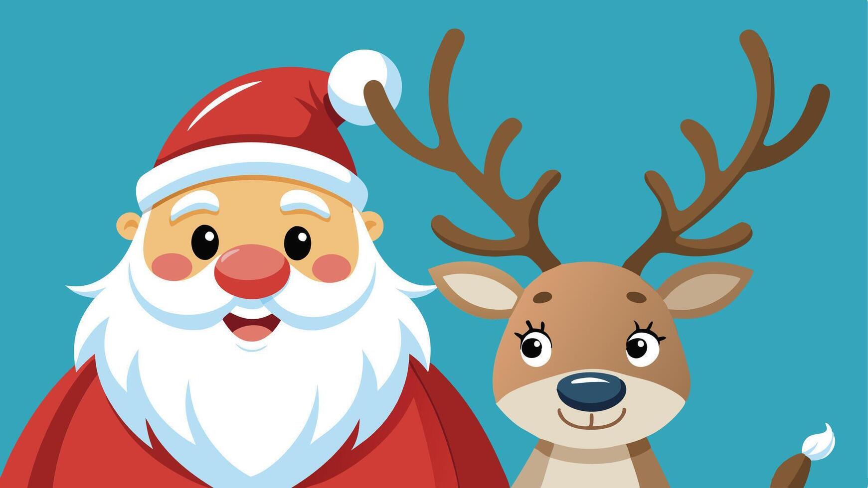 Cheerful Santa Claus and his friendly reindeer smiling together against a bright blue background during the festive holiday season vector