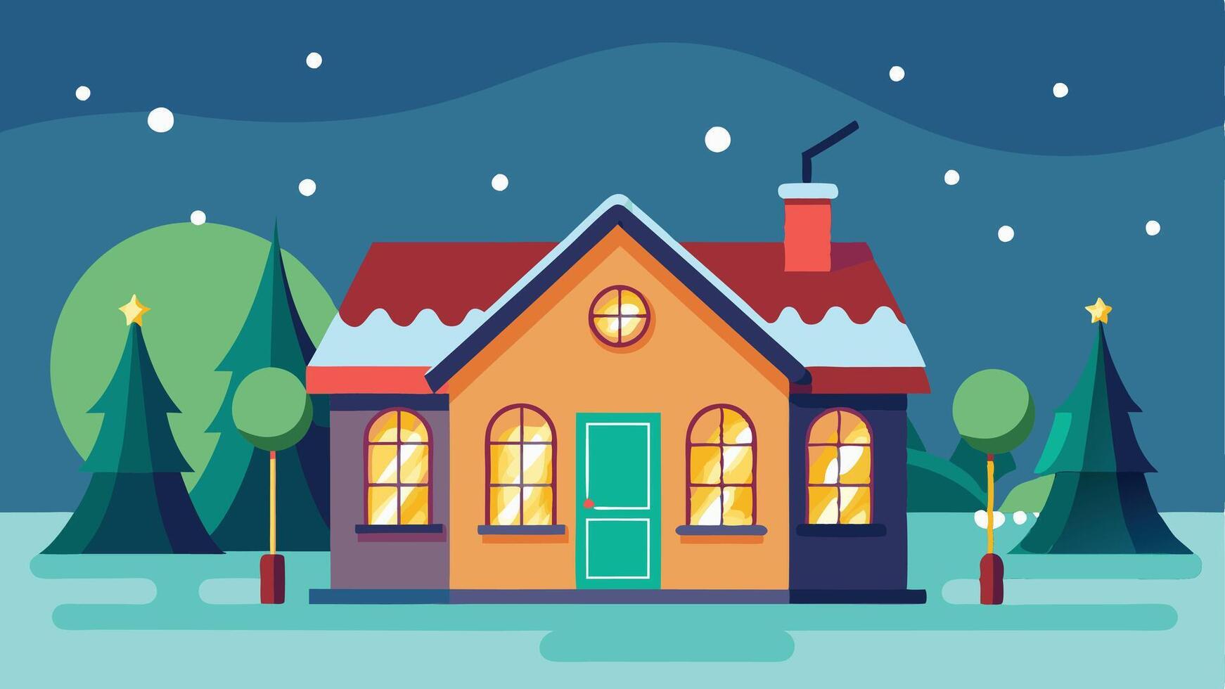 A cozy winter house illuminated at night, surrounded by evergreen trees under a starry sky in a peaceful, snowy landscape vector