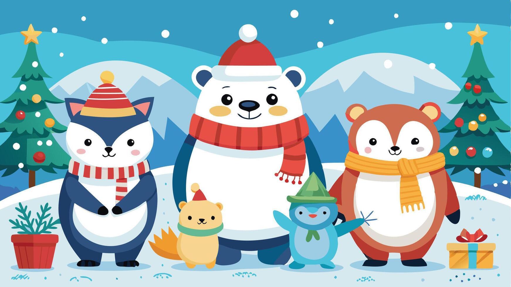 Festive cartoon animals celebrating in winter wonderland with Christmas trees and snow-covered mountains in the background during the holiday season vector