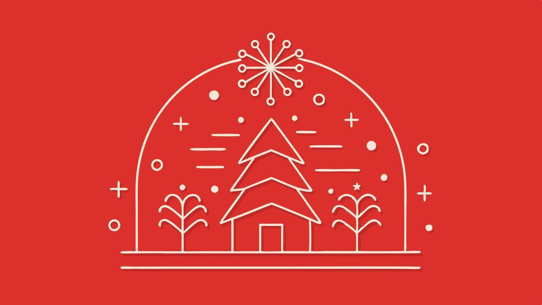 Simple line art of a winter scene with a Christmas tree, house, and snowflakes on a bright red background during the holiday season vector