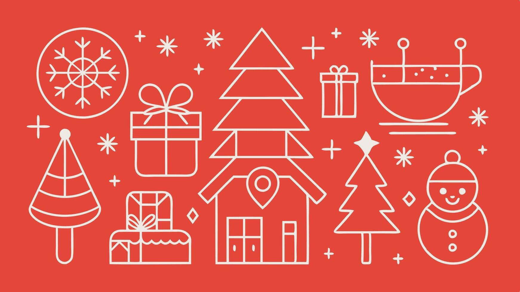 Festive holiday decorations featuring a Christmas tree, gifts, a snowman, and winter motifs on a vibrant red background during the holiday season vector
