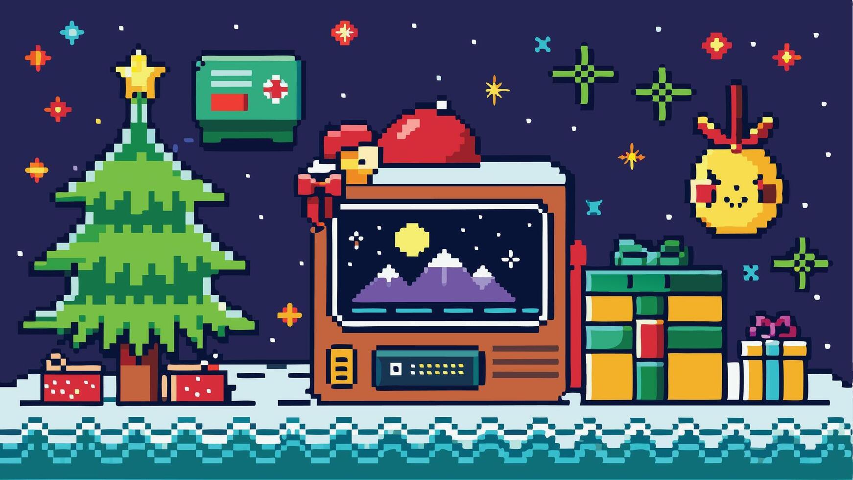 A vibrant pixel art depiction of a cozy Christmas setting featuring a decorated tree, retro television, gifts, and festive elements against a colorful winter night backdrop vector