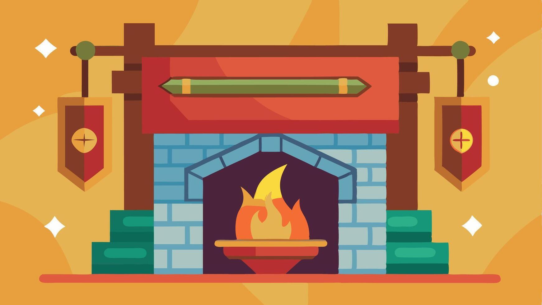 Cozy fireplace with decorative banners and vibrant flames in a warm-colored setting, creating an inviting atmosphere for relaxation and comfort vector