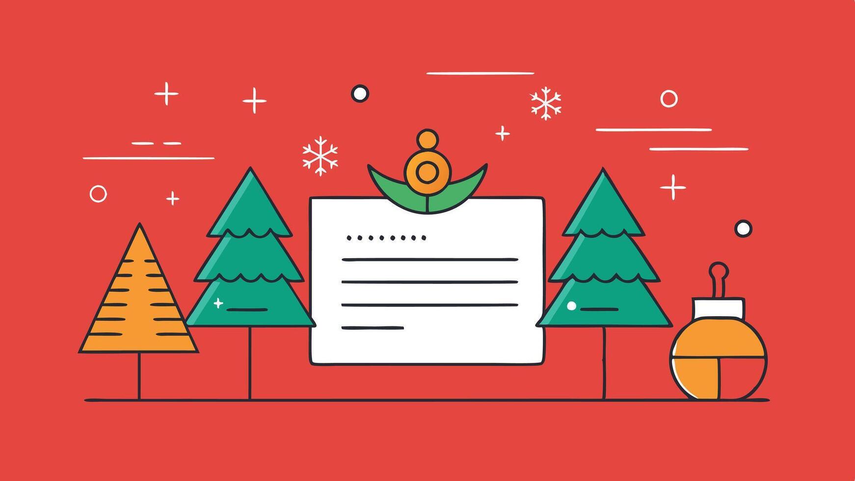 Festive holiday card design featuring trees, decorations, and snowflakes on a bright red background, perfect for seasonal greetings and celebrations vector